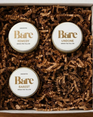 Back to Bare Discovery Set: three unscented grass-fed tallow balms (Remedy, Undone, Barest) in a kraft gift box